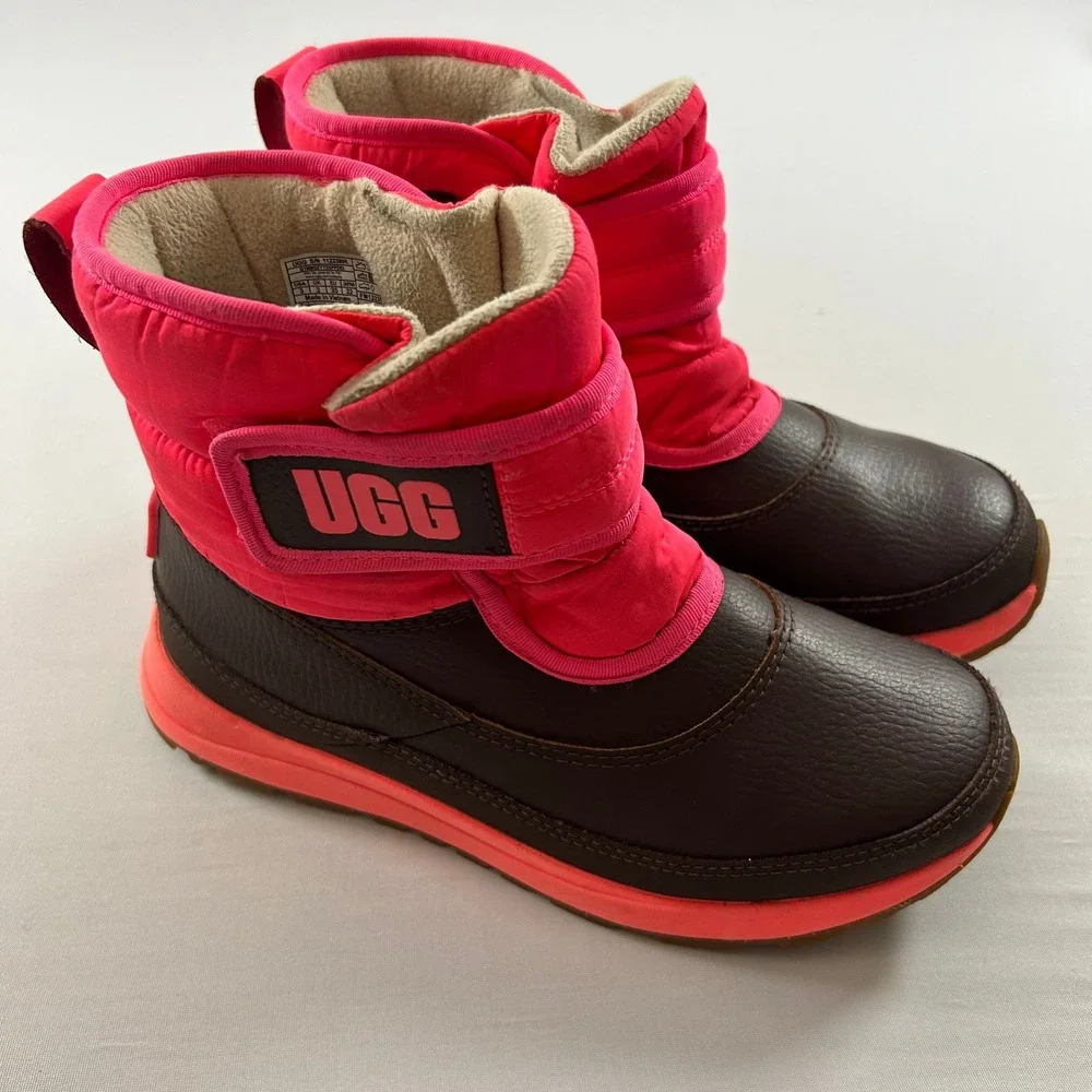UGG Snow Boots Kids Girls Size 3 Brown Neon Pink Hook Loop Leather Winter Warm